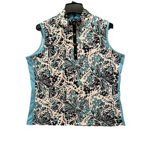 Tail Womens XL Golf/Tennis Sleeveless Shirt Teal/Black/White Abstract Snap EUC